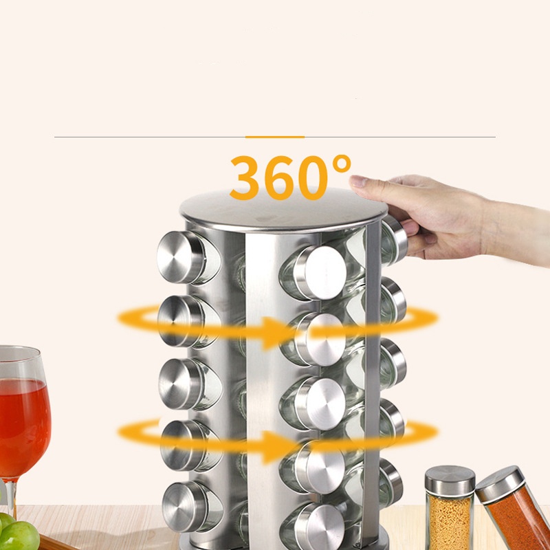 Set Porte Épices 21 Pièces Avec Support Tournant Argent