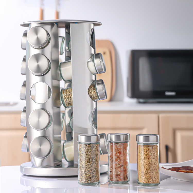 Set Porte Épices 21 Pièces Avec Support Tournant Argent