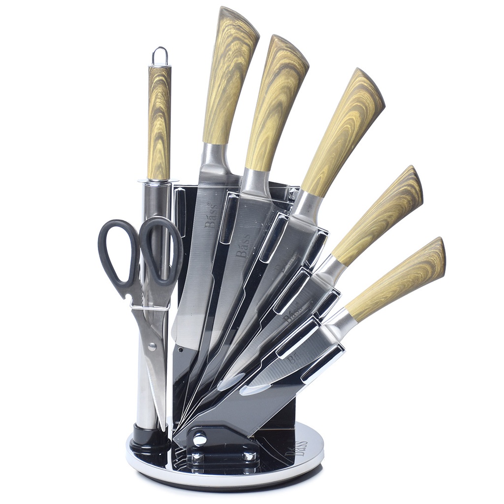 Ensemble 8 Pièces Couteaux Bàss avec Support Tournant - Manche Bois