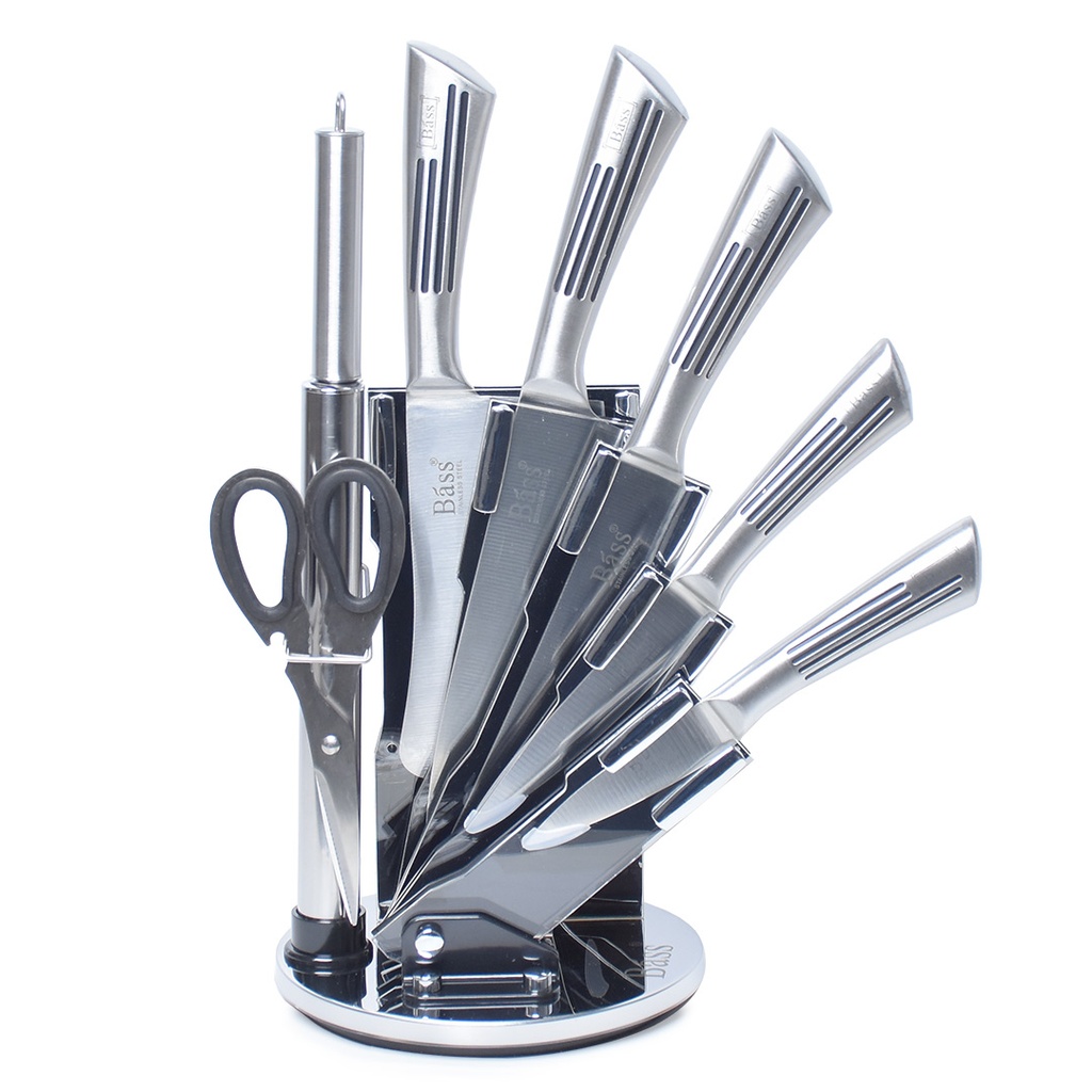 Ensemble 8 Pièces Couteaux Bàss avec Support Tournant - Manche Inox 