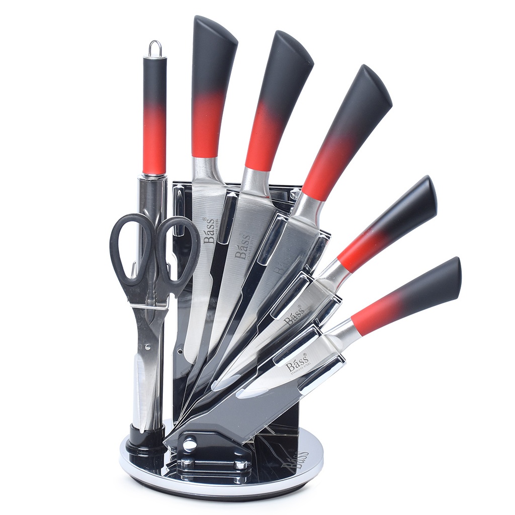 Ensemble 8 Pièces Couteaux Bàss avec Support Tournant - Manche Rouge/Noir 