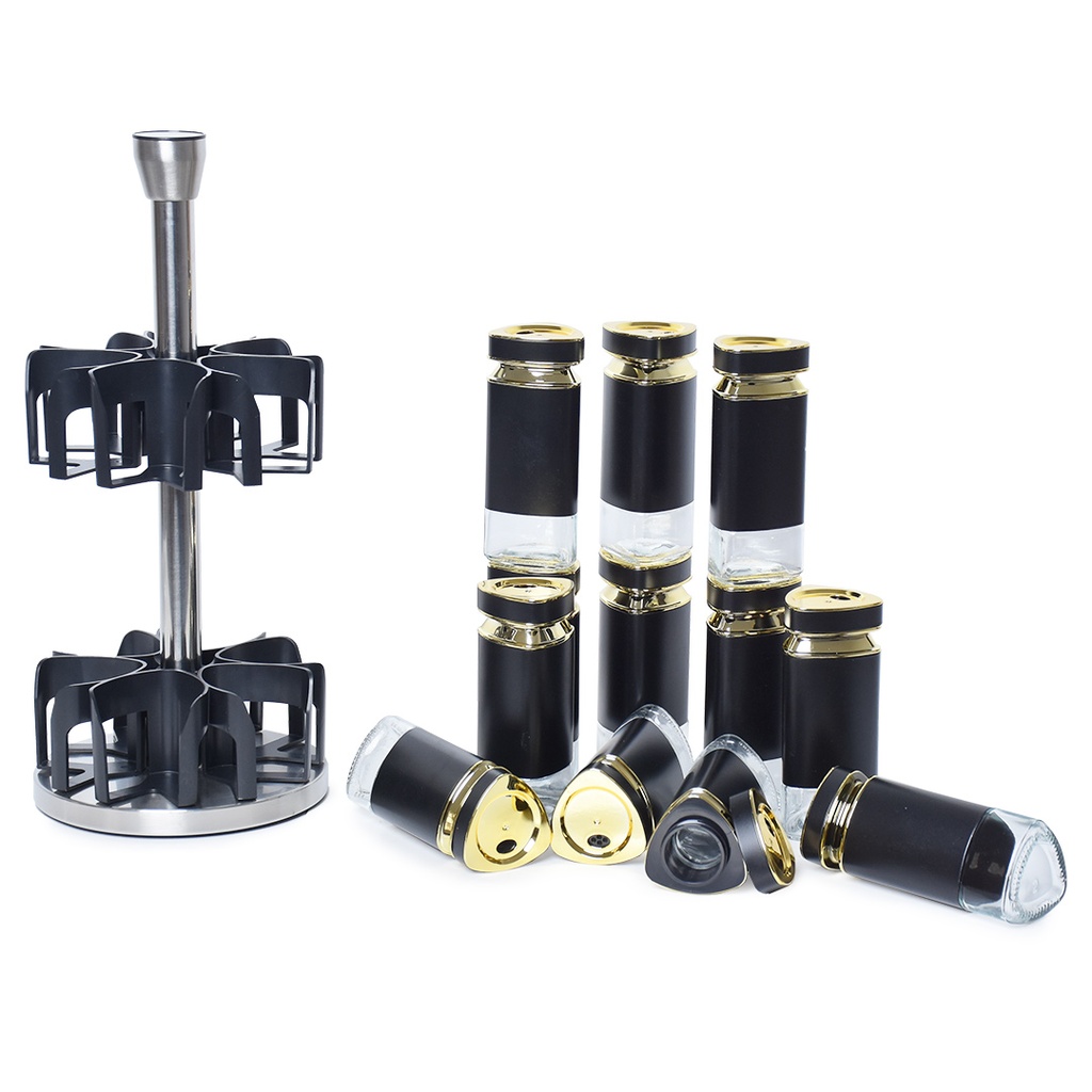 Set Portes Épices 12 Pièces En Verre Avec Support - Noir