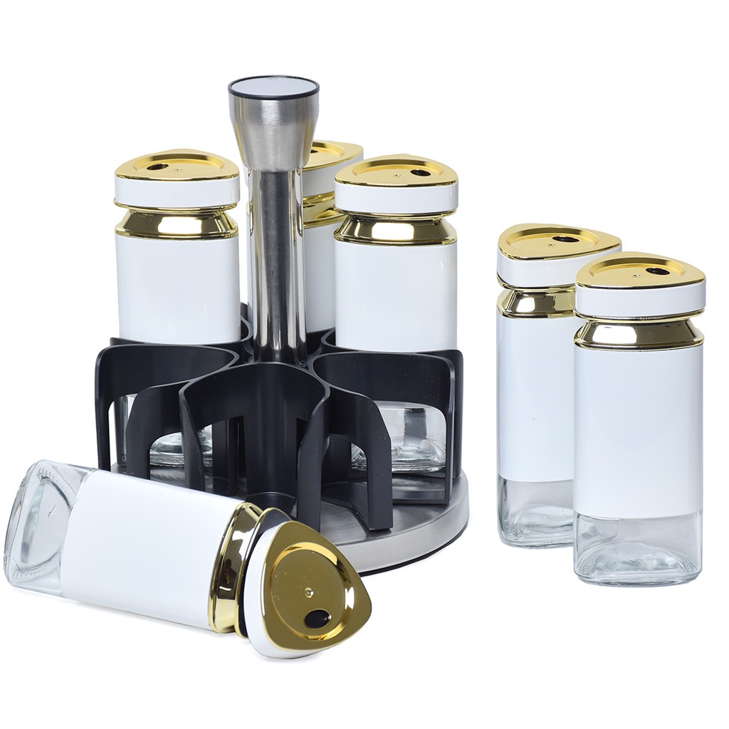 Set Portes Épices 6 Pièces En Verre Avec Support - Blanc