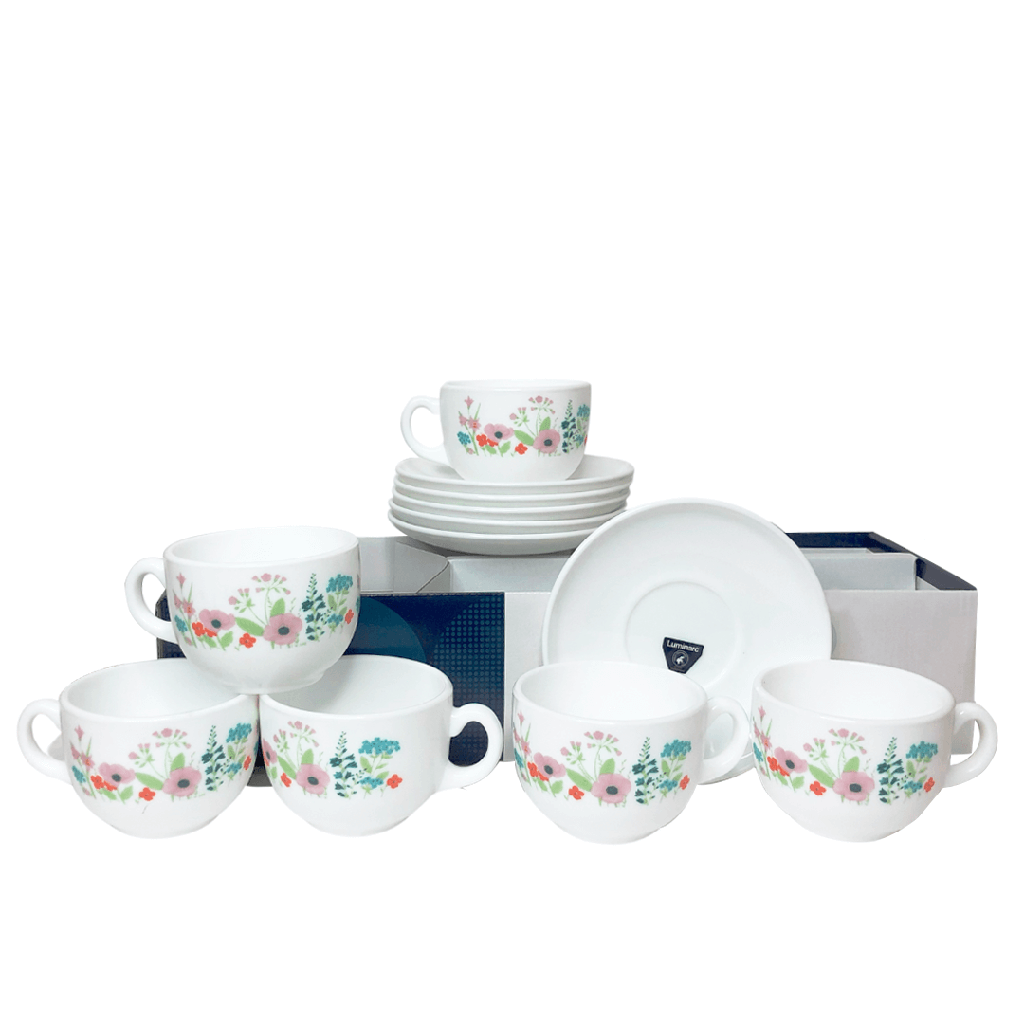Coffret De 6 Verres à Café au lait Tasse et Sous Tasses - Rose Pompon - 22cl 