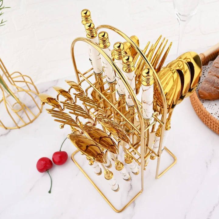 Coffret Ménagère 24 Pièces avec Support doré poignée en Marbre Blanc