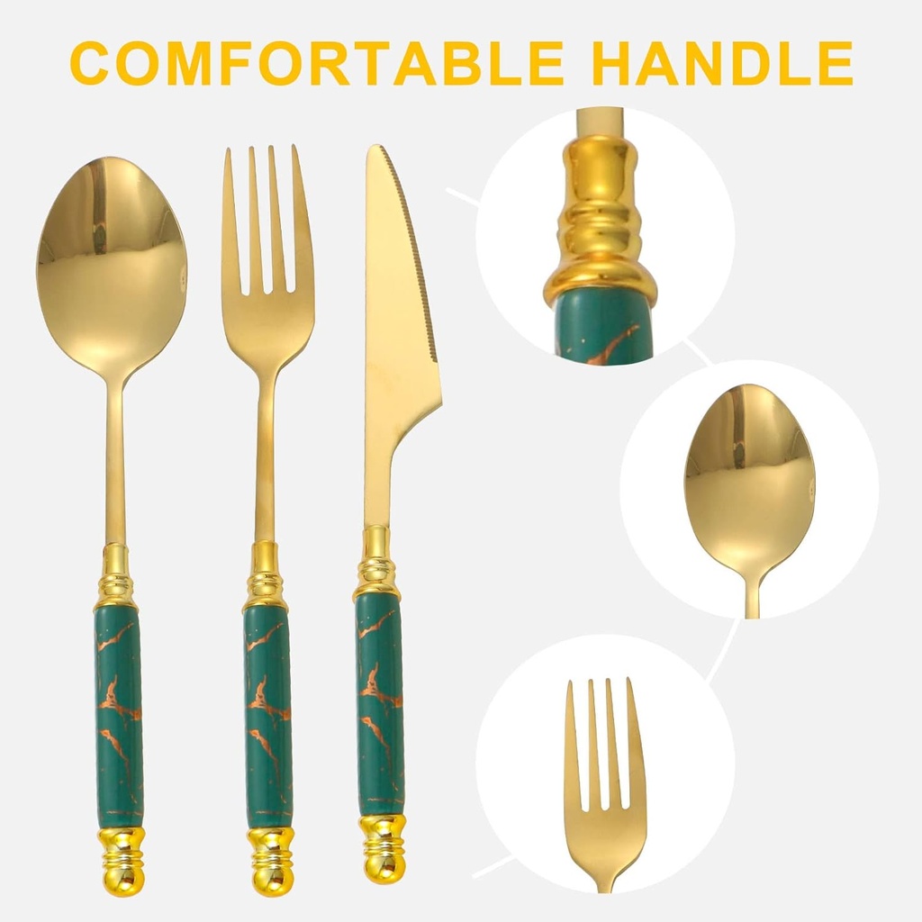 Coffret Ménagère 24 Pièces avec Support doré poignée en Marbre Vert