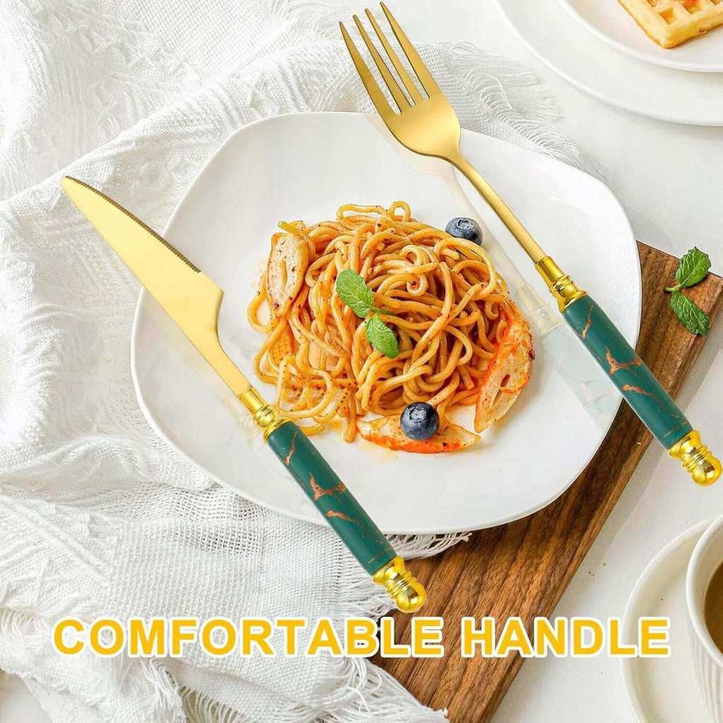 Coffret Ménagère 24 Pièces avec Support doré poignée en Marbre Vert