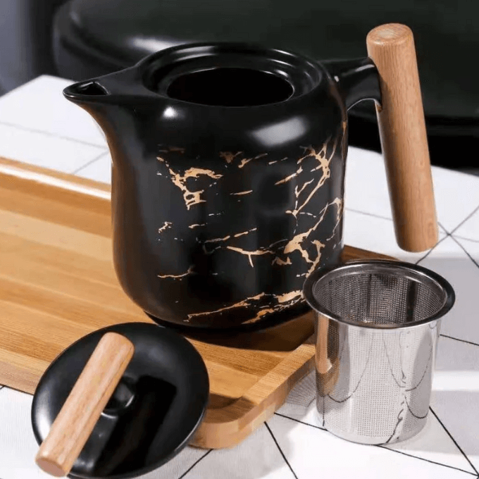 Service à Café Au Lait En Céramique Noir Marbre Pour 4 Personnes - 7 Pièces