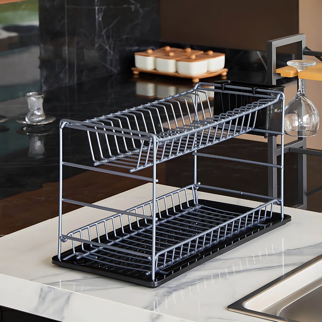 Égouttoir À Vaisselle Portable À Deux Niveaux Gris Avec Plateaux -50 cm- ZENSAN