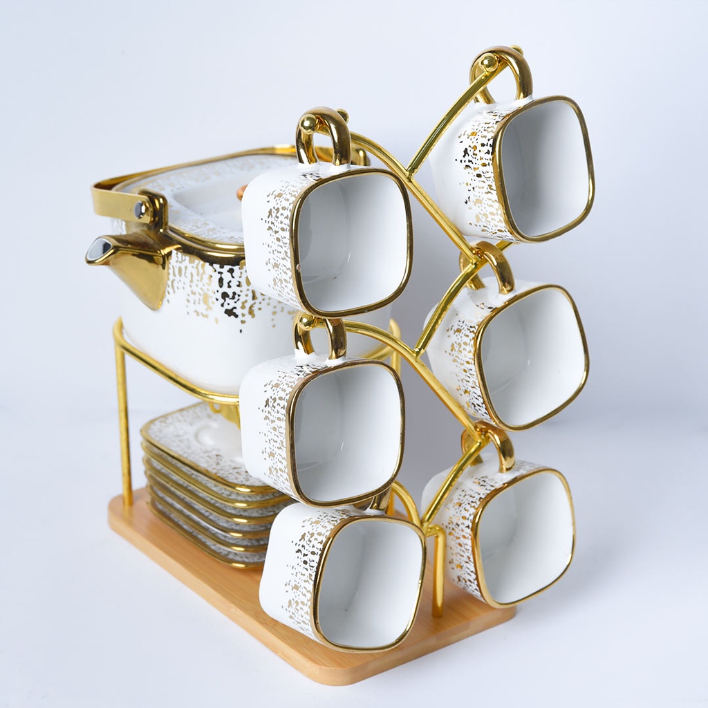 Service a Café Porcelaine 16 pièces avec Support Bougie Motif Doré