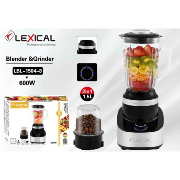 Blender Avec Grinder 2en1 Lexical 600W Bol en verre 1500ml Argent