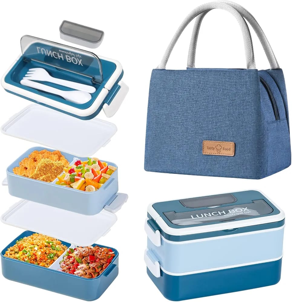 Lunch Box Isotherme deux Niveaux 1400 ml Bleu 