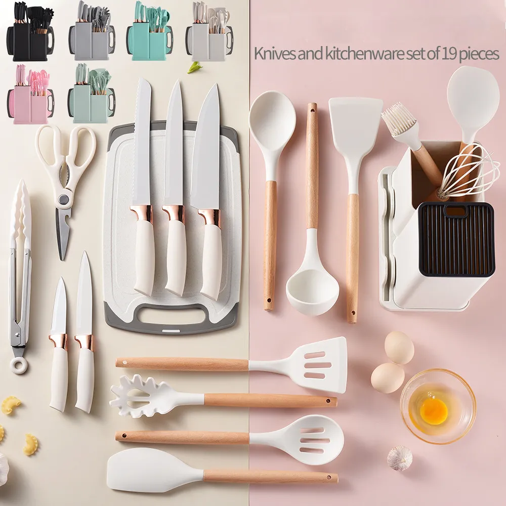 Set D'ustensiles De Cuisine 19 Pièces En Silicone - Beige