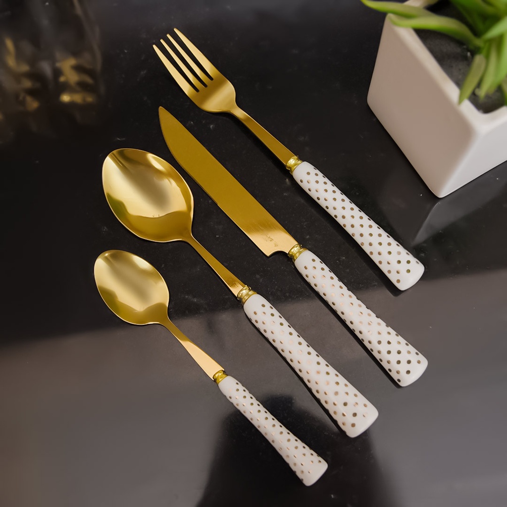 Coffret Ménagère Blanc 24 Pièces avec Support doré poignée en Marbre M1