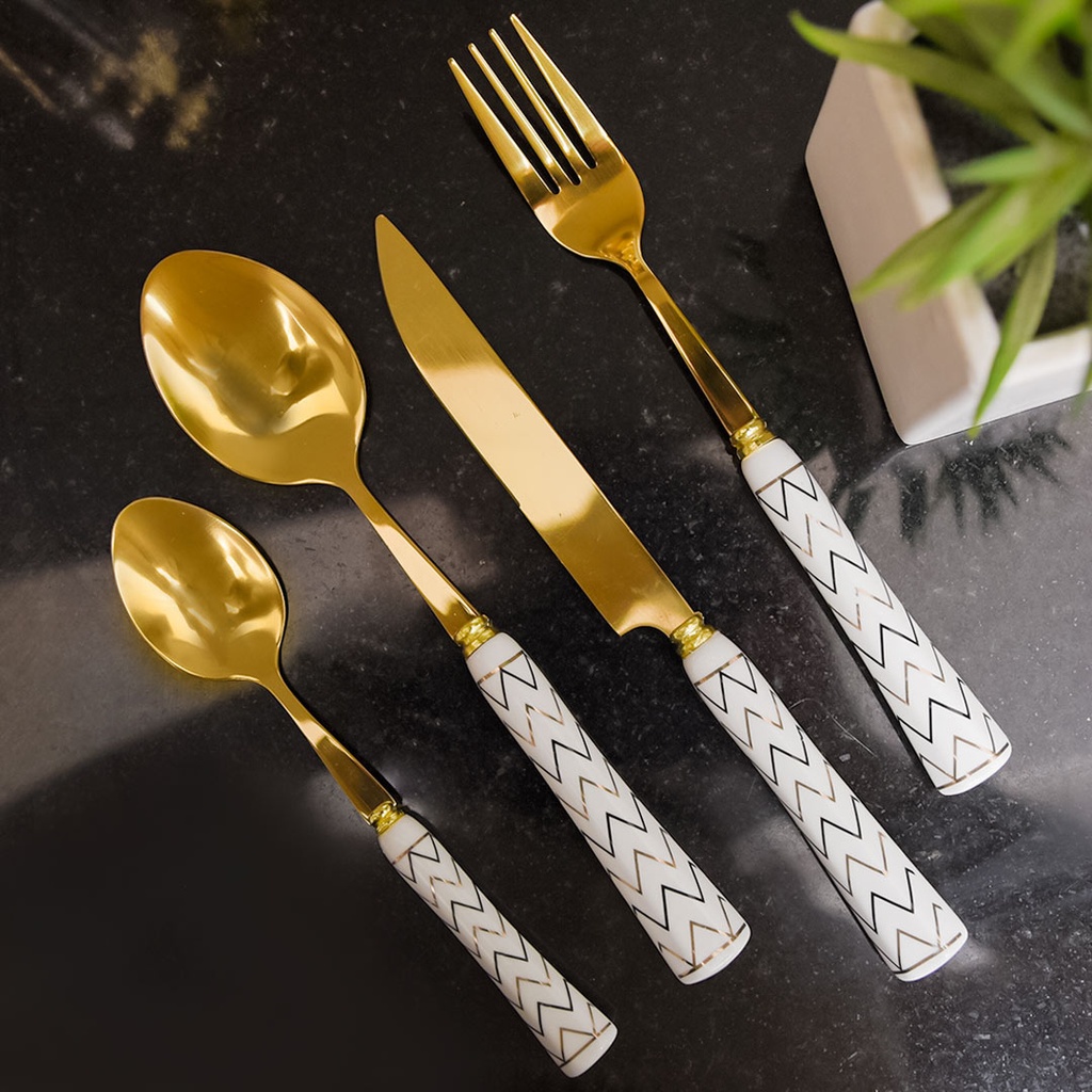 Coffret Ménagère Blanc 24 Pièces avec Support doré poignée en Marbre M3