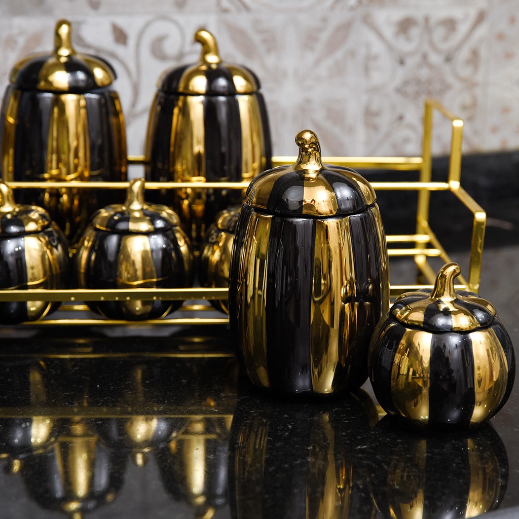 Ensemble de 7 Porte Epices Noir & Doré en Céramique avec Support Doré