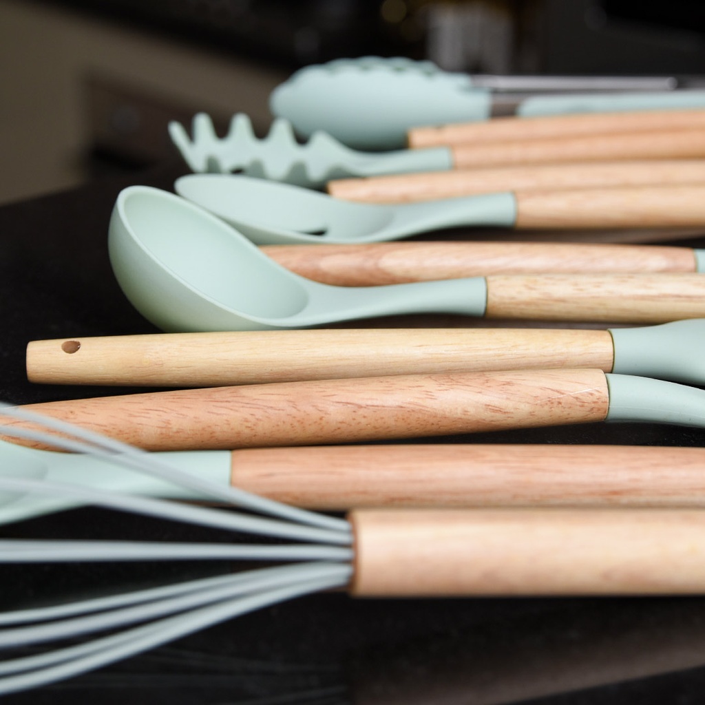 Set D'ustensiles De Cuisine 19 Pièces En Silicone - Vert d'eau