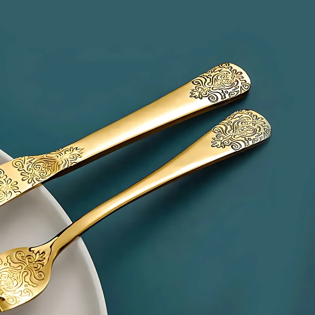 Coffret Ménagère 24 Pièces En Acier Inoxydable Doré avec Design 