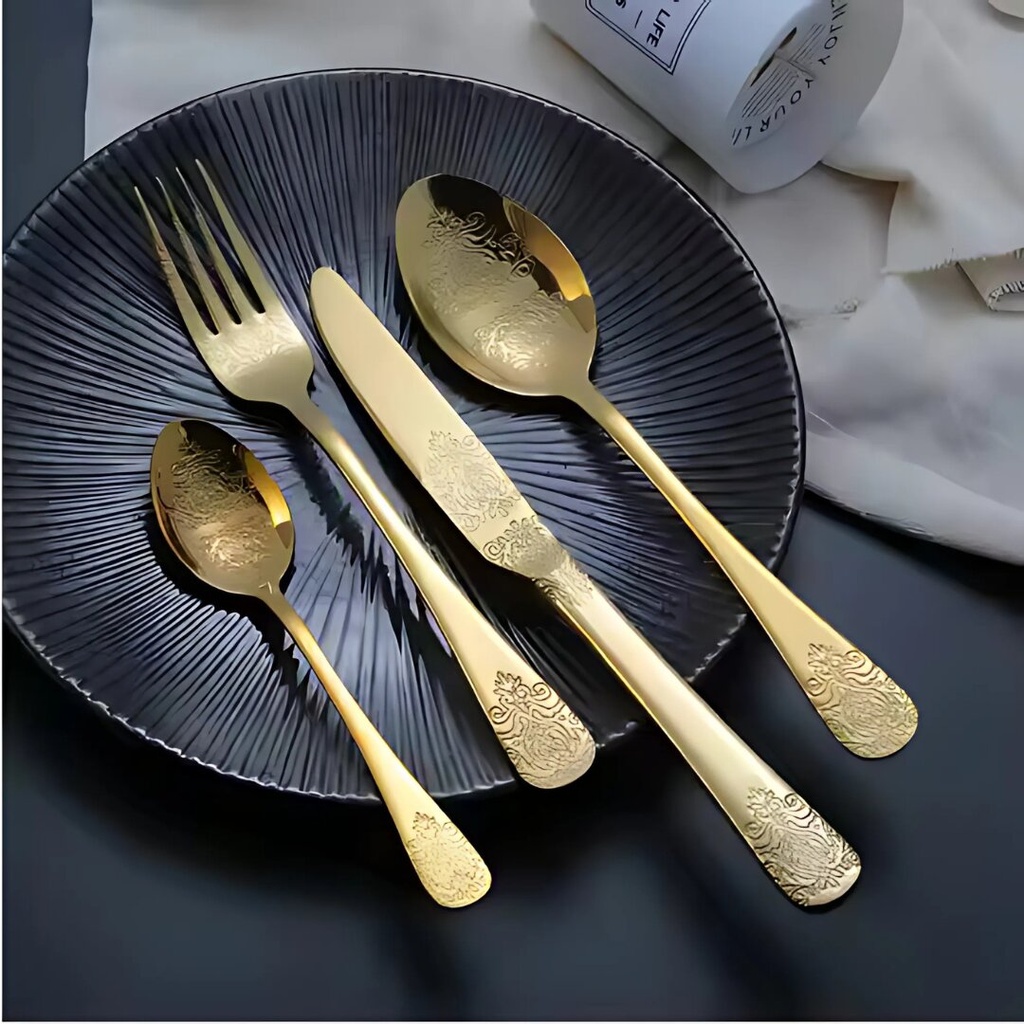 Coffret Ménagère 24 Pièces En Acier Inoxydable Doré avec Design 