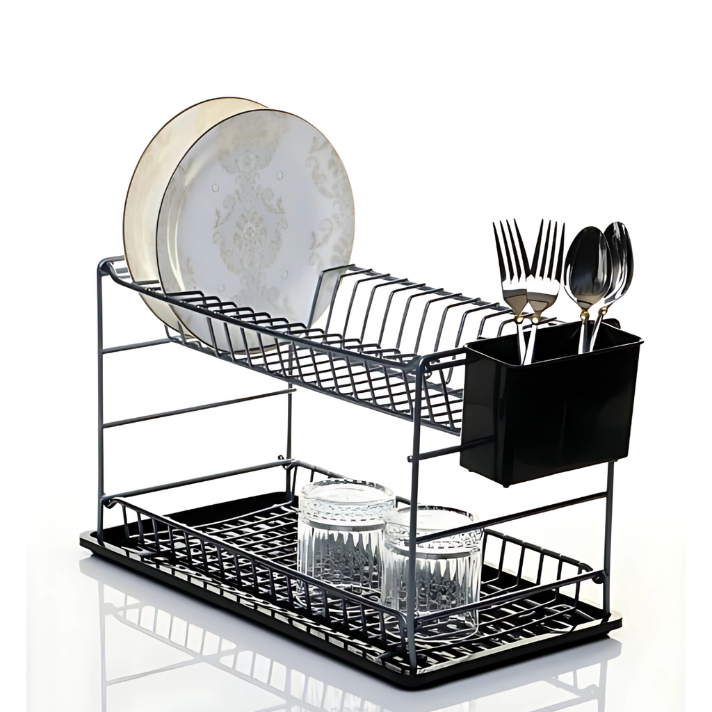 Égouttoir À Vaisselle Portable À Deux Niveaux Noir Avec Plateaux -50 cm- ZENSAN
