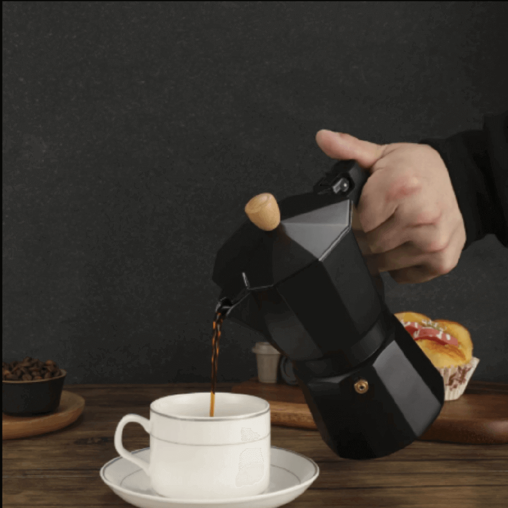 Cafetière italienne En Aluminium 6 Tasses Noir avec Poignée effet Bois