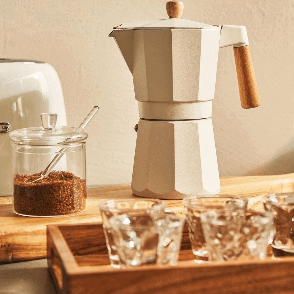 Cafetière italienne En Aluminium 6 Tasses Blanc Cassé avec Poignée effet Bois