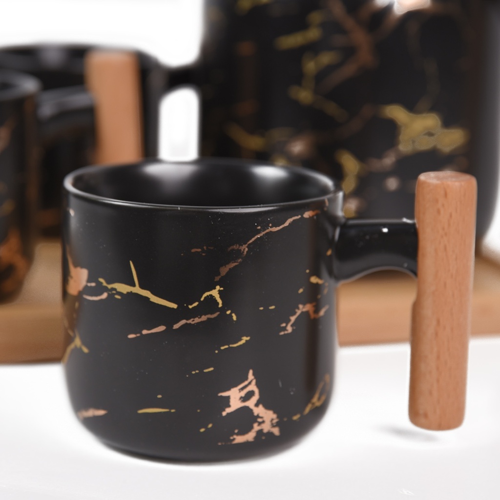 Service à Café Au Lait En Céramique Noir Marbre Pour 4 Personnes - 7 Pièces