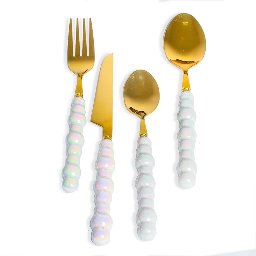 Coffret Ménagère Blanc 24 Pièces Manche en Perles Blanc 