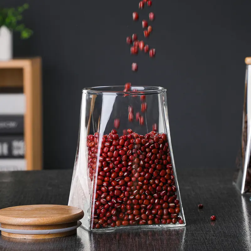 Lot de 4 Boite En verre avec Couvercle en Bois Bambou