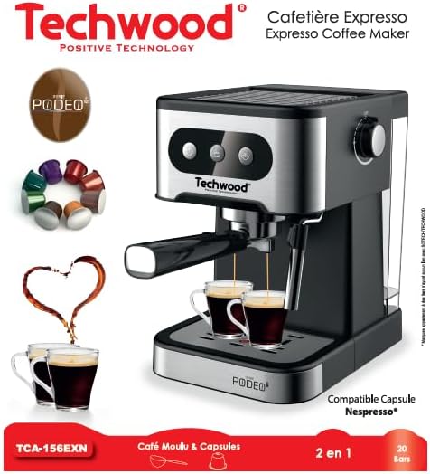 Machine Expresso Techwood 20 Bars avec Buse Vapeur & Réservoir 1,5L – Compatible Café Moulu & Capsules TCA-156EXN