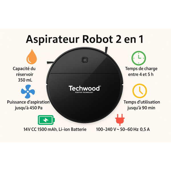 Aspirateur Robot Techwood 2 en 1, Aspiration & Nettoyage, Batterie Li-ion – TAR-2036