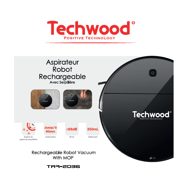 Aspirateur Robot Techwood 2 en 1, Aspiration & Nettoyage, Batterie Li-ion – TAR-2036
