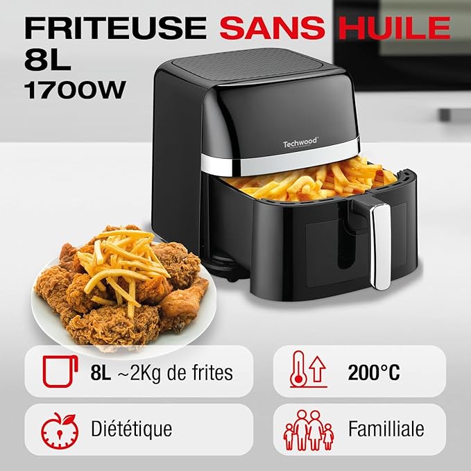Friteuse Digitale Sans Huile Techwood 8L Porte Vitrée, 8 Programmes & Minuterie 60min – TFR-806SHD