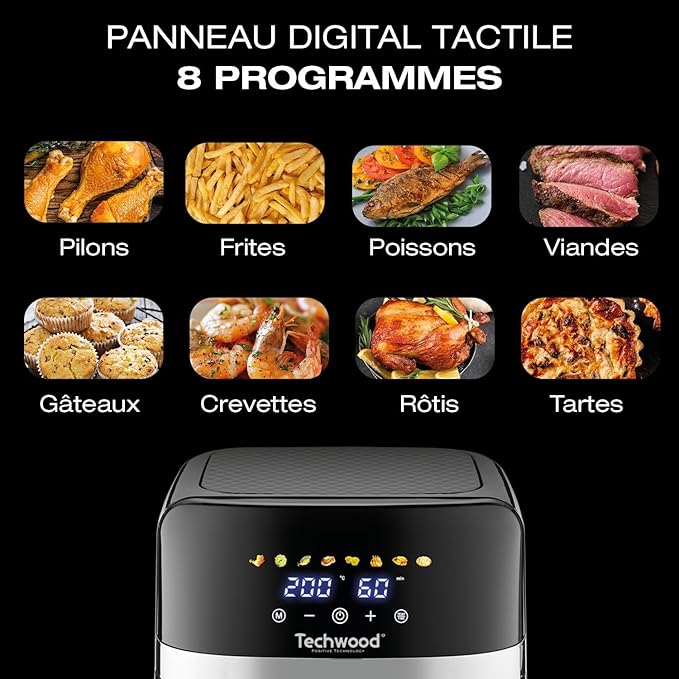 Friteuse Digitale Sans Huile Techwood 8L Porte Vitrée, 8 Programmes & Minuterie 60min – TFR-806SHD