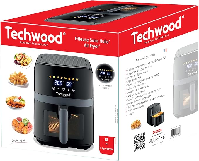 Friteuse Digitale Sans Huile Techwood 8L Porte Vitrée, 8 Programmes & Minuterie 60min – TFR-806SHD
