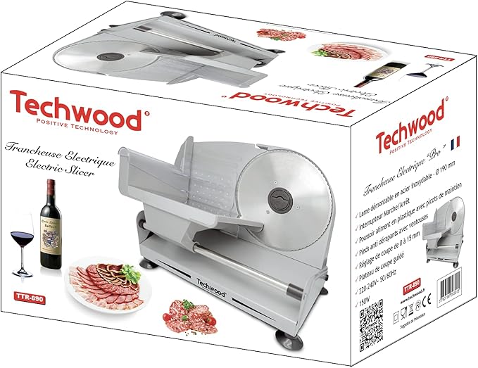 Trancheuse Électrique Techwood Lame Inox Ø190mm, Réglage 0-15cm & Pieds Antidérapants – TTR-890