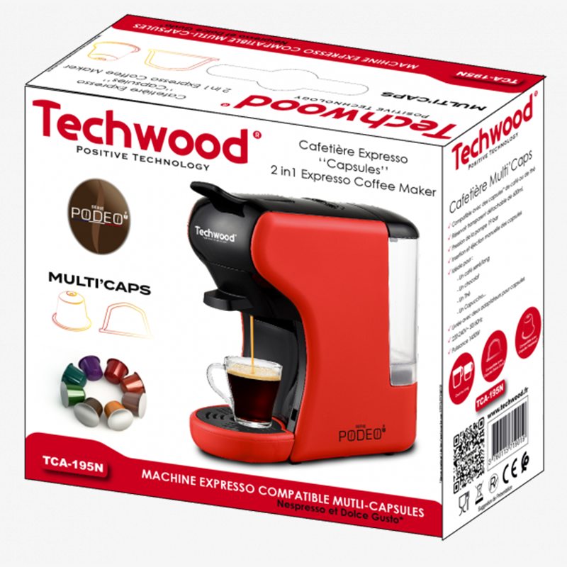 Machine Expresso Multicapsules Techwood Rouge – 19 Bars avec Réservoir 600mL – TCA-195N