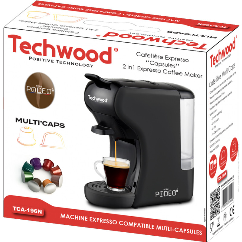 Machine Expresso Multicapsules Techwood Noir – 19 Bars avec Réservoir 600mL – TCA-195N