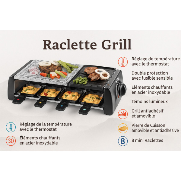 Grill Techwood 8 Raclettes & Pierre, Thermostat Réglable & Double Protection – TRGP-896