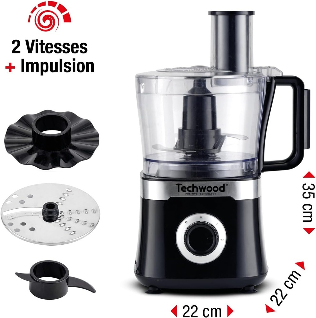 Robot Multifonction Techwood Noir 1,5L, 2 Vitesses + Impulsion, Décor Inox – TRO-6856