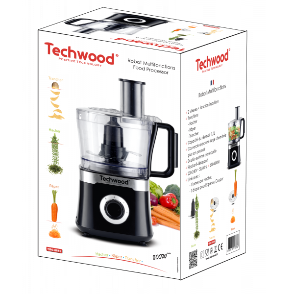Robot Multifonction Techwood Noir 1,5L, 2 Vitesses + Impulsion, Décor Inox – TRO-6856