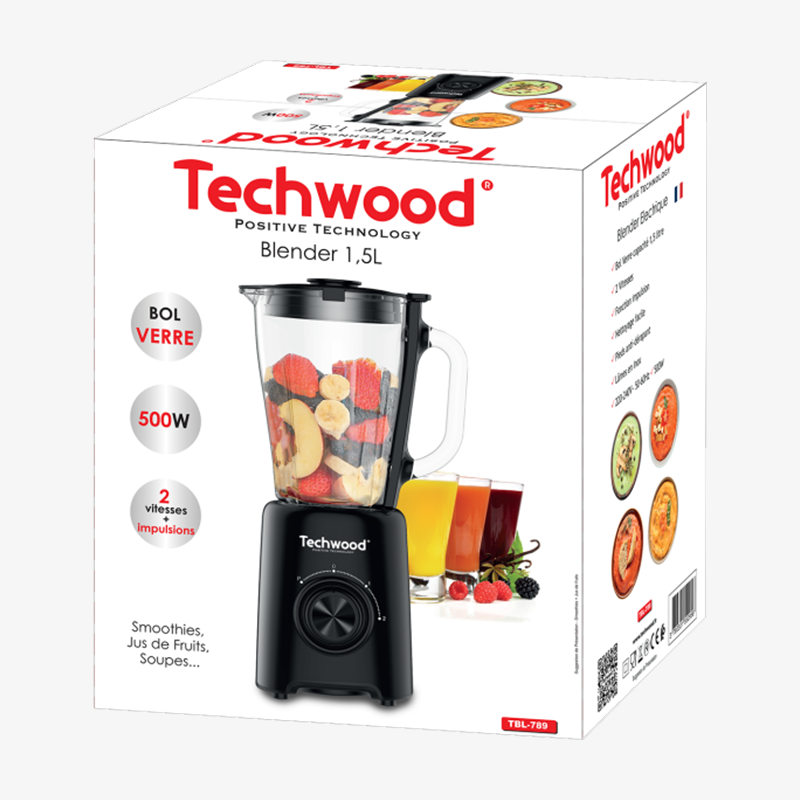Blender Techwood Bol Verre 1,5L, 2 Vitesses + Puls, Lames Inox – TBL-789