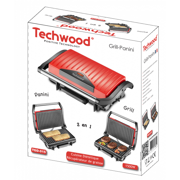Panini Grill Techwood Inox Rouge 1500W, Contrôle Température & Cuisson Double Face – TGD-015