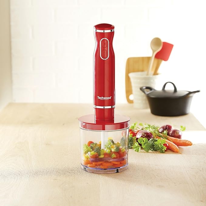 Mixeur Plongeant Techwood Inox Grenat 3en1 Pieds Inox, Bol Hachoir 500ml & 2 Vitesses – TMS-9605