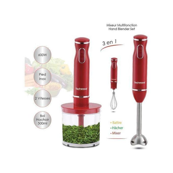Mixeur Plongeant Techwood Inox Grenat 3en1 Pieds Inox, Bol Hachoir 500ml & 2 Vitesses – TMS-9605