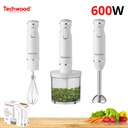 Mixeur Plongeant Techwood Blanc 3en1 Pieds Inox, Bol Hachoir 500ml & 2 Vitesses – TMS-9600