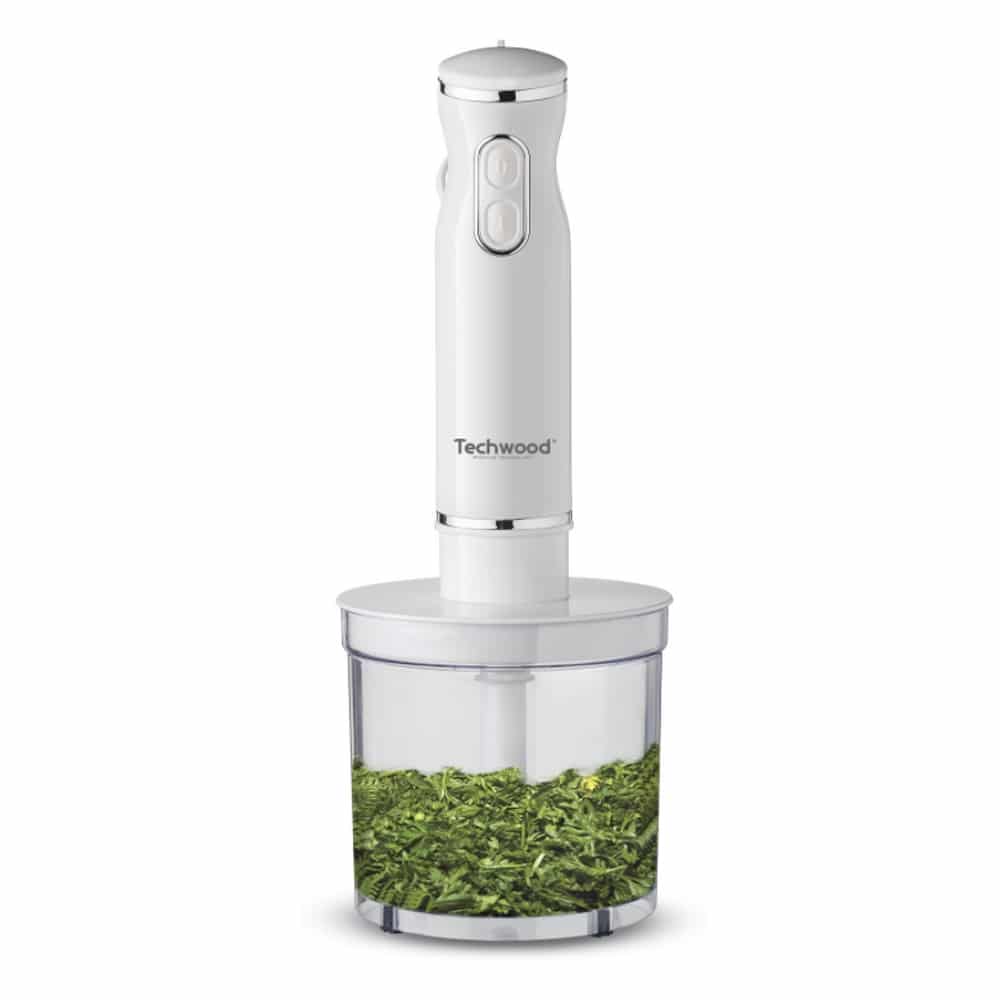 Mixeur Plongeant Techwood Blanc 3en1 Pieds Inox, Bol Hachoir 500ml & 2 Vitesses – TMS-9600