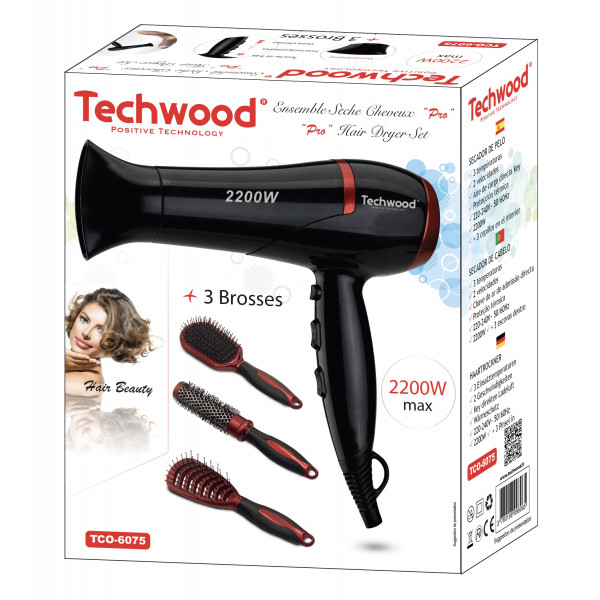 Séchoir Techwood 2200W 3 Températures, 2 Vitesses, Touche Air Frais + 3 Brosses Incluses – TCO-6075