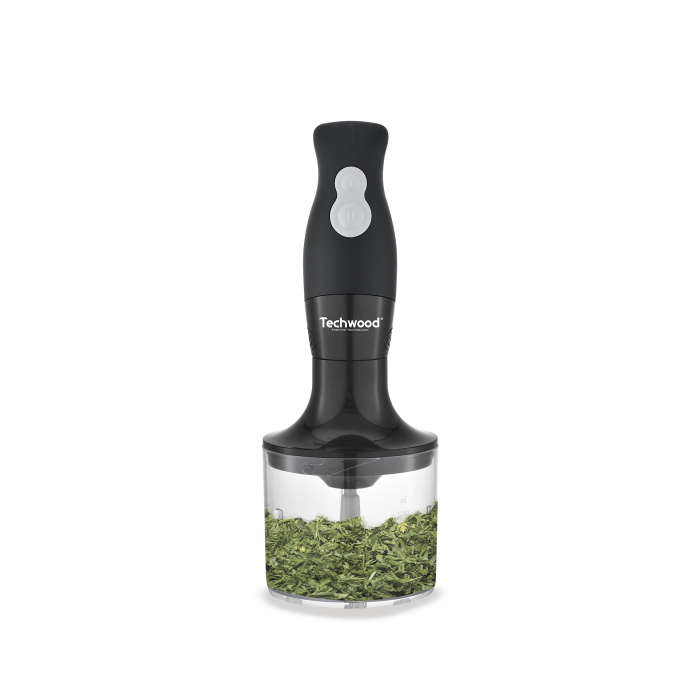Mixeur Plongeant Techwood Noir 3en1 Pied Inox, Bol Hachoir 500ml & 2 Vitesses – TMS-8356