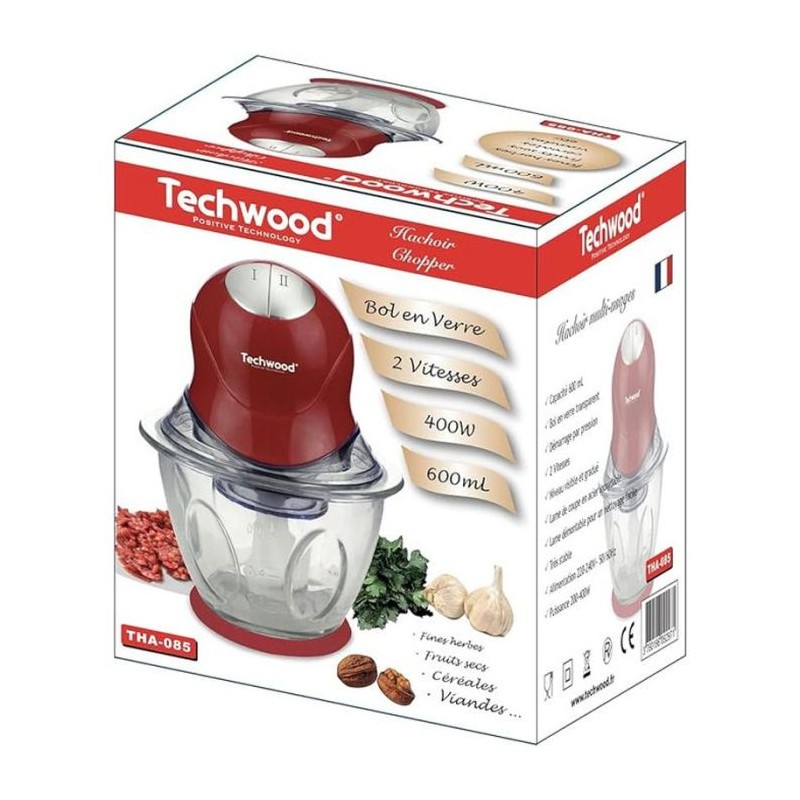 Hâchoir Techwood Grenat Bol Verre 600mL, 2 Vitesses & Lame Inox – THA-085
